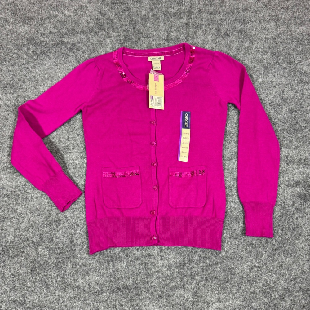 Cherokee Sequin Cardigan Girls XL 14/16 Exotic Pink 100% Cotton NWT Classic